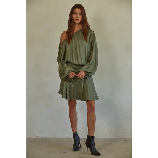 Off-Shoulder Long Sleeve Mini Dress in Olive - Jaunts Boutique
