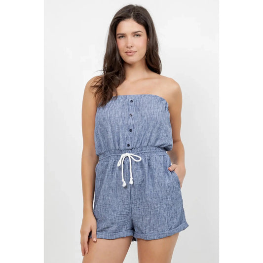 Airflow Strapless Elastic Waist Romper in Washed Denim