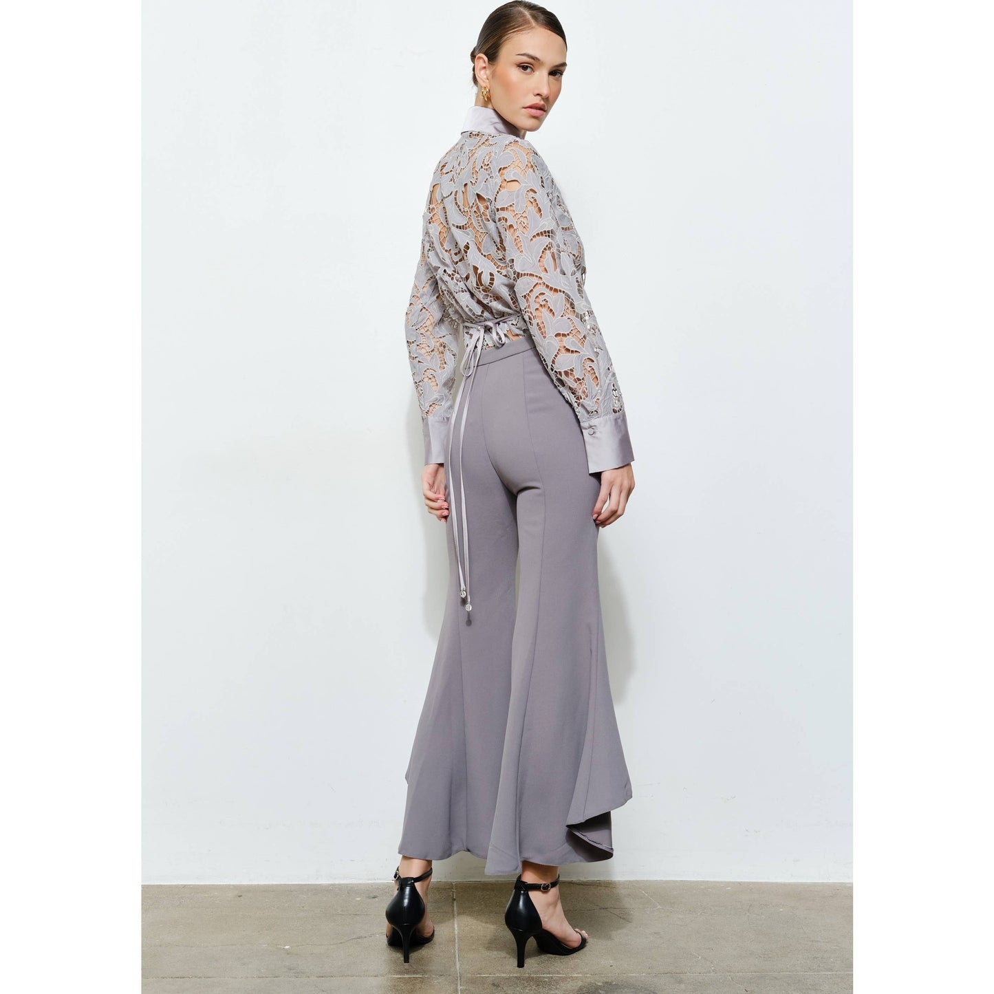 Luxe Satin Contrast Collar Lace Blouse in Ash - Luxe Collection - Jaunts Boutique