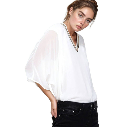 Femme V-Neck Chiffon Blouse Top In White