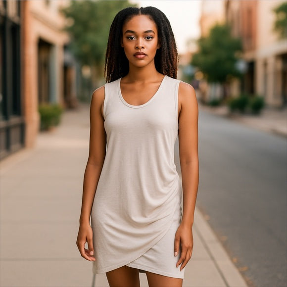 Sleeveless Side Ruched Tank Dress in Taupe Grey - Jaunts Boutique