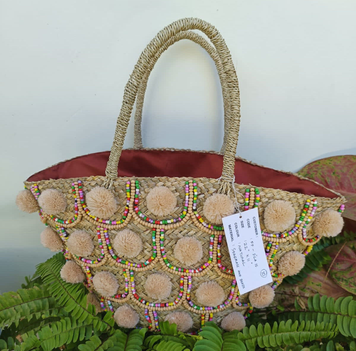 Seagrass Pom Pom Beaded Bag