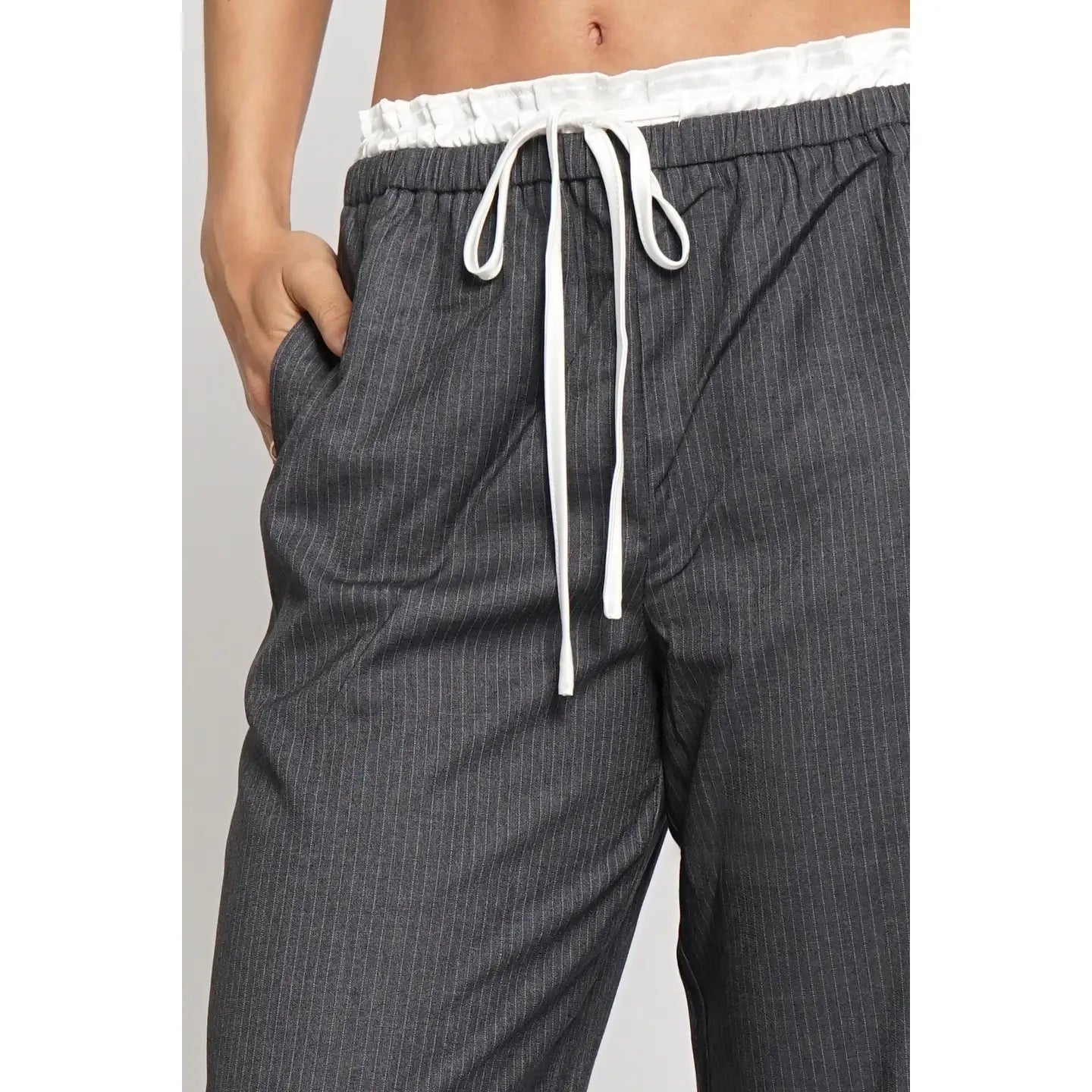 Satin Contrast Drawstring Pinstripe Pants in Charcoal - Jaunts Boutique 