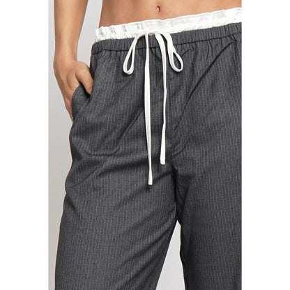 Satin Contrast Drawstring Pinstripe Pants in Charcoal - Jaunts Boutique 