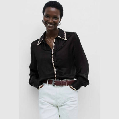 Blanket-stitch Silky Button-up Blouse in Black - Jaunts Boutique 