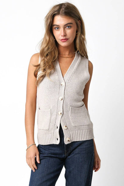 Meredith Sleeveless  Button Down Knit Top Cardigan - Taupe