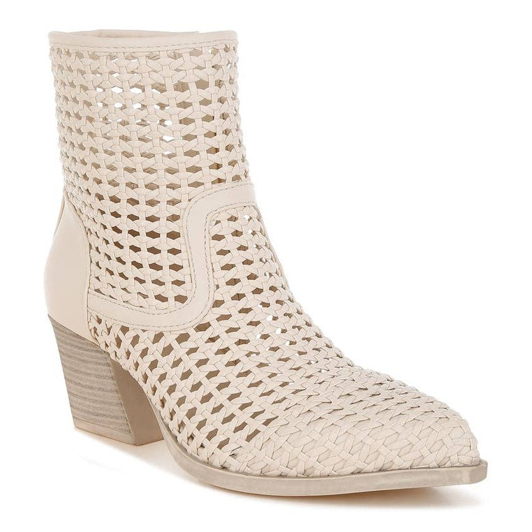 Artisole Woven Pleather Block Heel Booties - Off-White