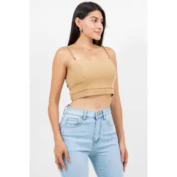 Linen Blend Rope Strap Gold Ring Fitted Bralette Cami Crop Top - Linen - Khaki