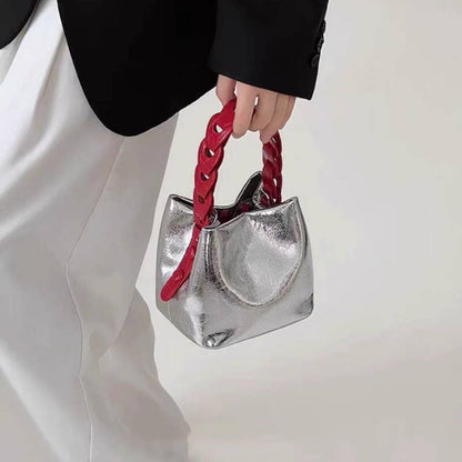 Trendy Mini Metallic Bucket Handbag in Silver - Jaunts Boutique 