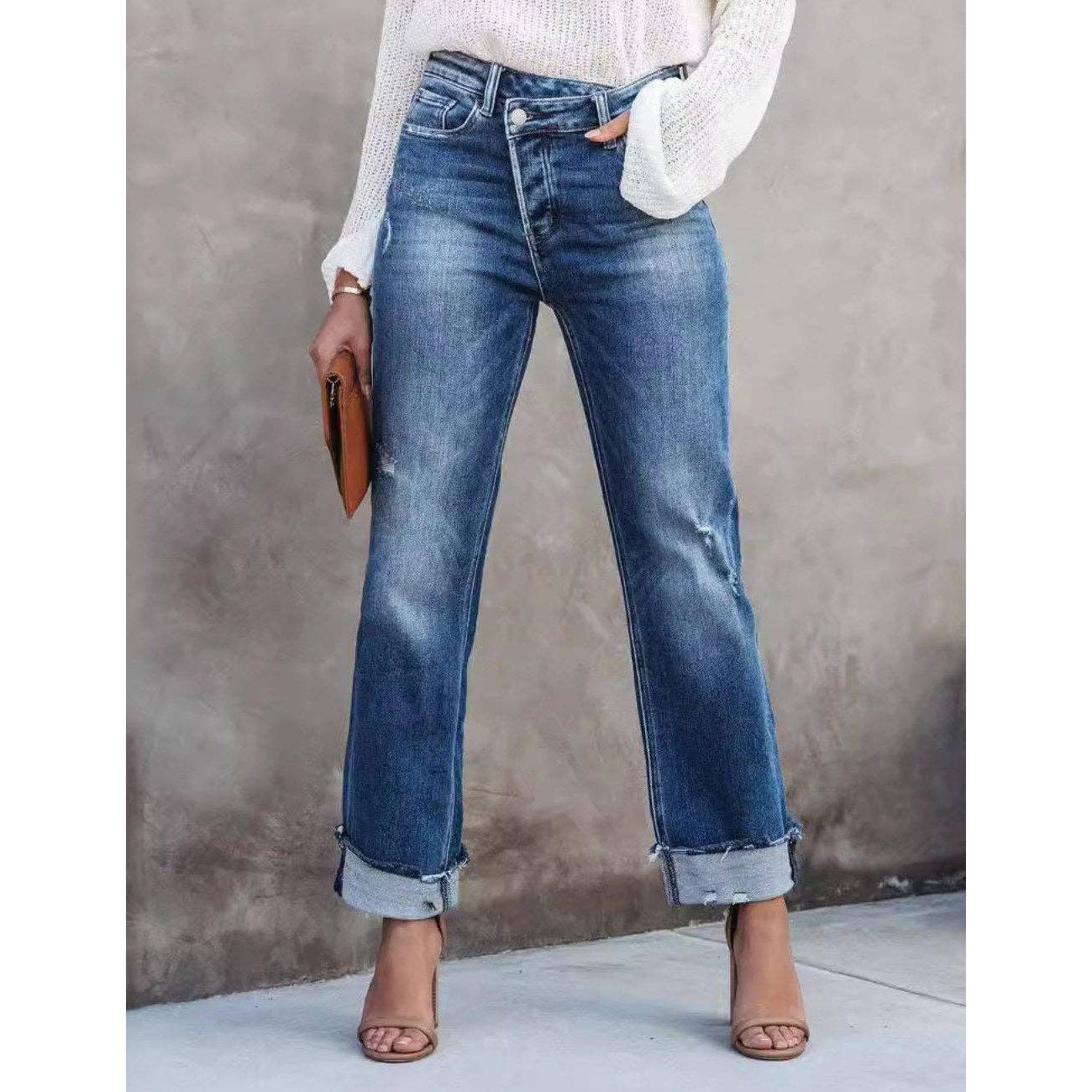 High-Waist Distressed Straight-Leg Denim Pants - Jaunts Boutique 