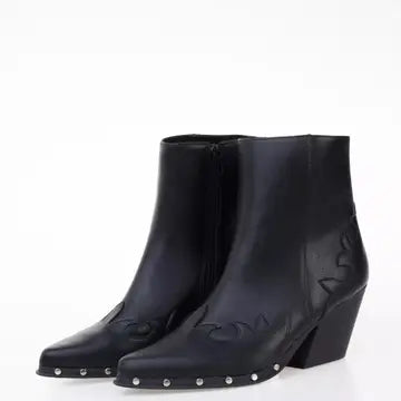 Short Cowboy-Style Mid-Heel Pointy Boot in Black Synthetic Leather - Jaunts Boutique 