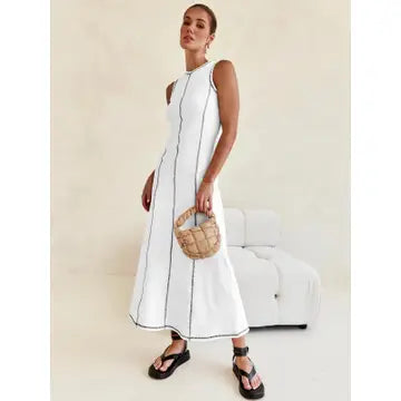 PRE-ORDER Stitch Ribbed Knit Midi Tank Dress in White and Brown - Jaunts Boutique 