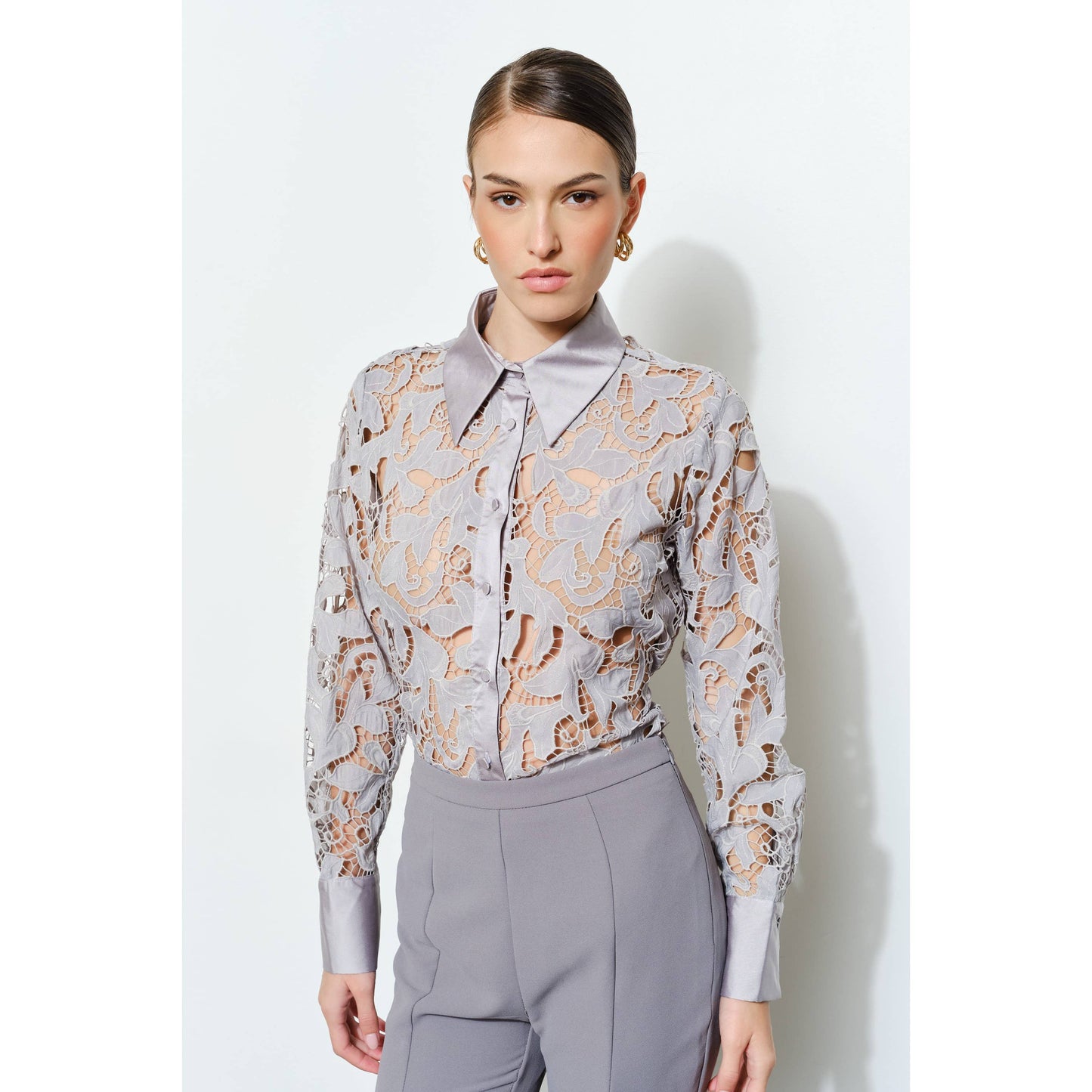 Luxe Satin Contrast Collar Lace Blouse in Ash - Luxe Collection - Jaunts Boutique 