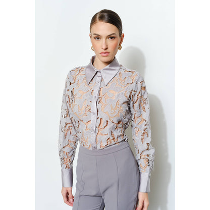 Luxe Satin Contrast Collar Lace Blouse in Ash - Luxe Collection - Jaunts Boutique 