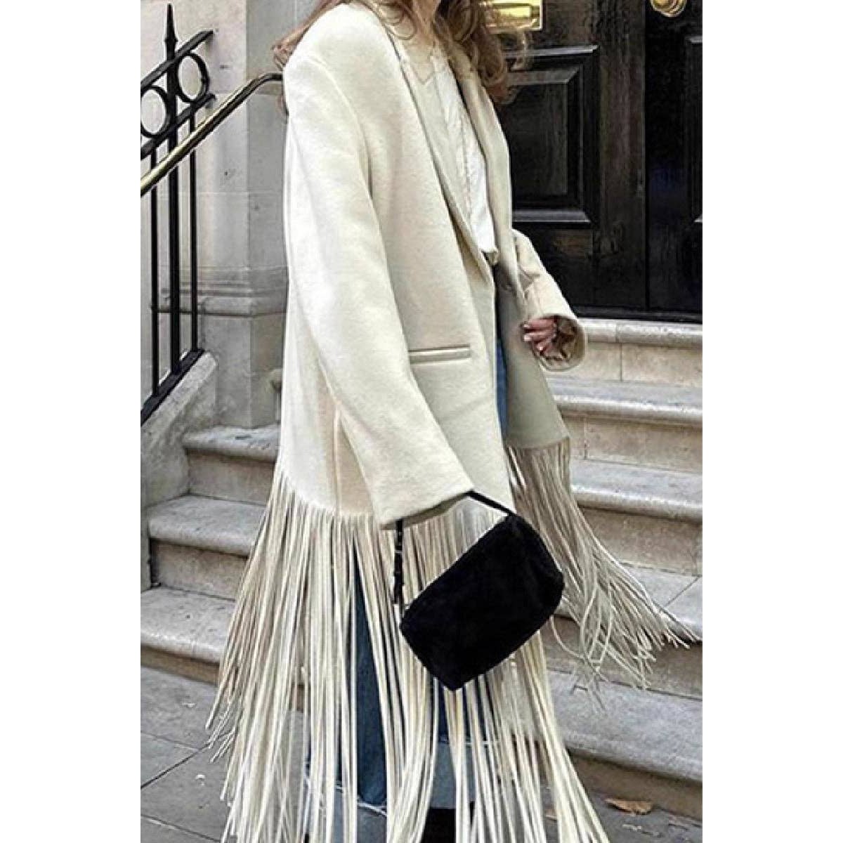 Fringe Hem Tailored Coat: WHITE / S - Jaunts Boutique 