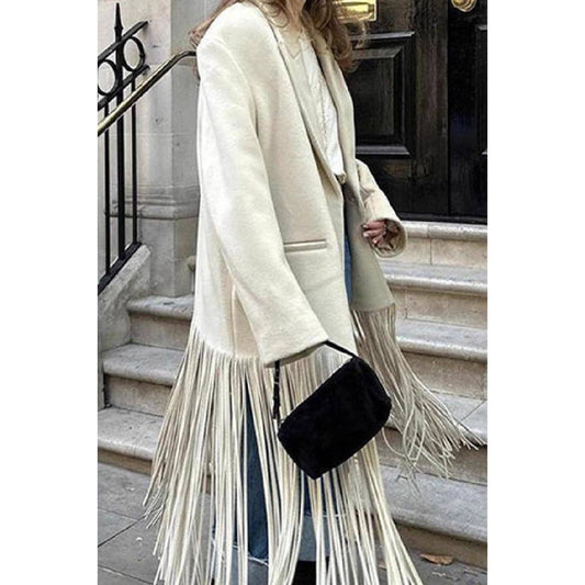 Fringe Hem Tailored Coat: WHITE / S - Jaunts Boutique 
