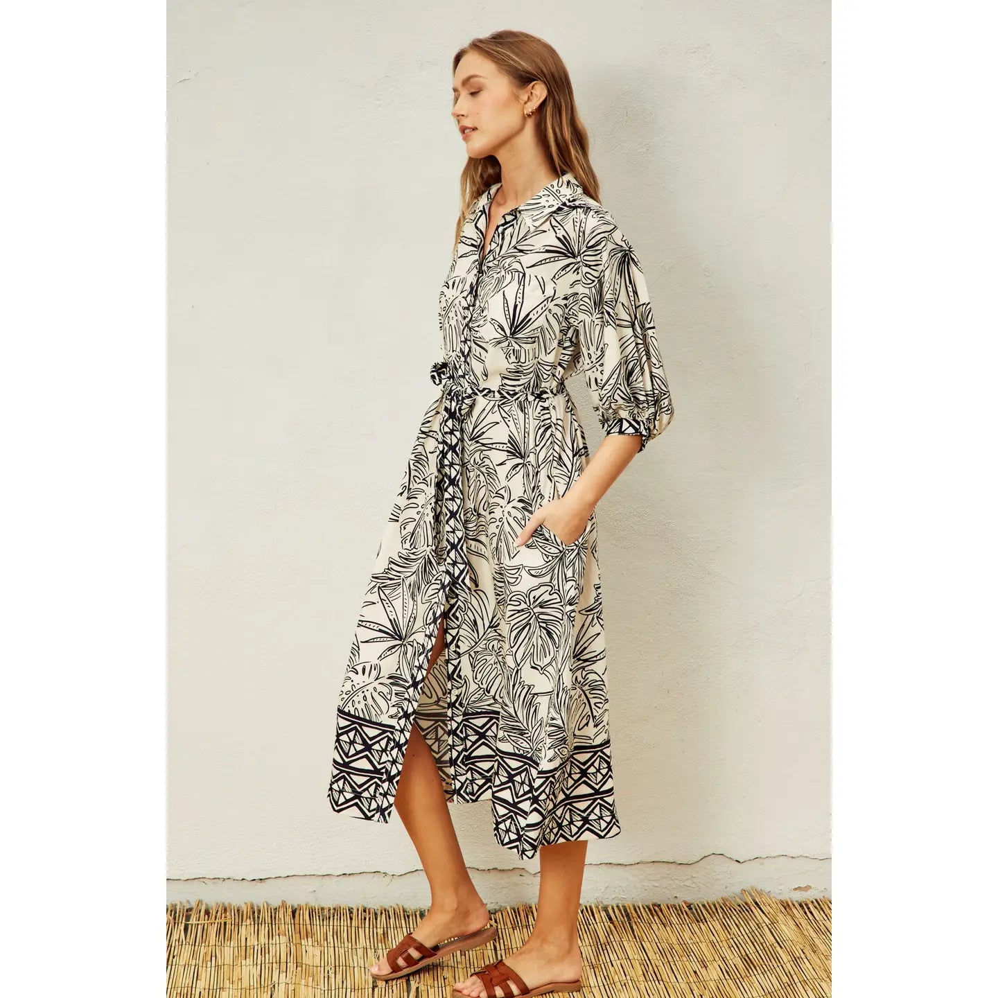 Dress Forum Tropical Border Long Sleeve Shirt Dress in Maui Sand