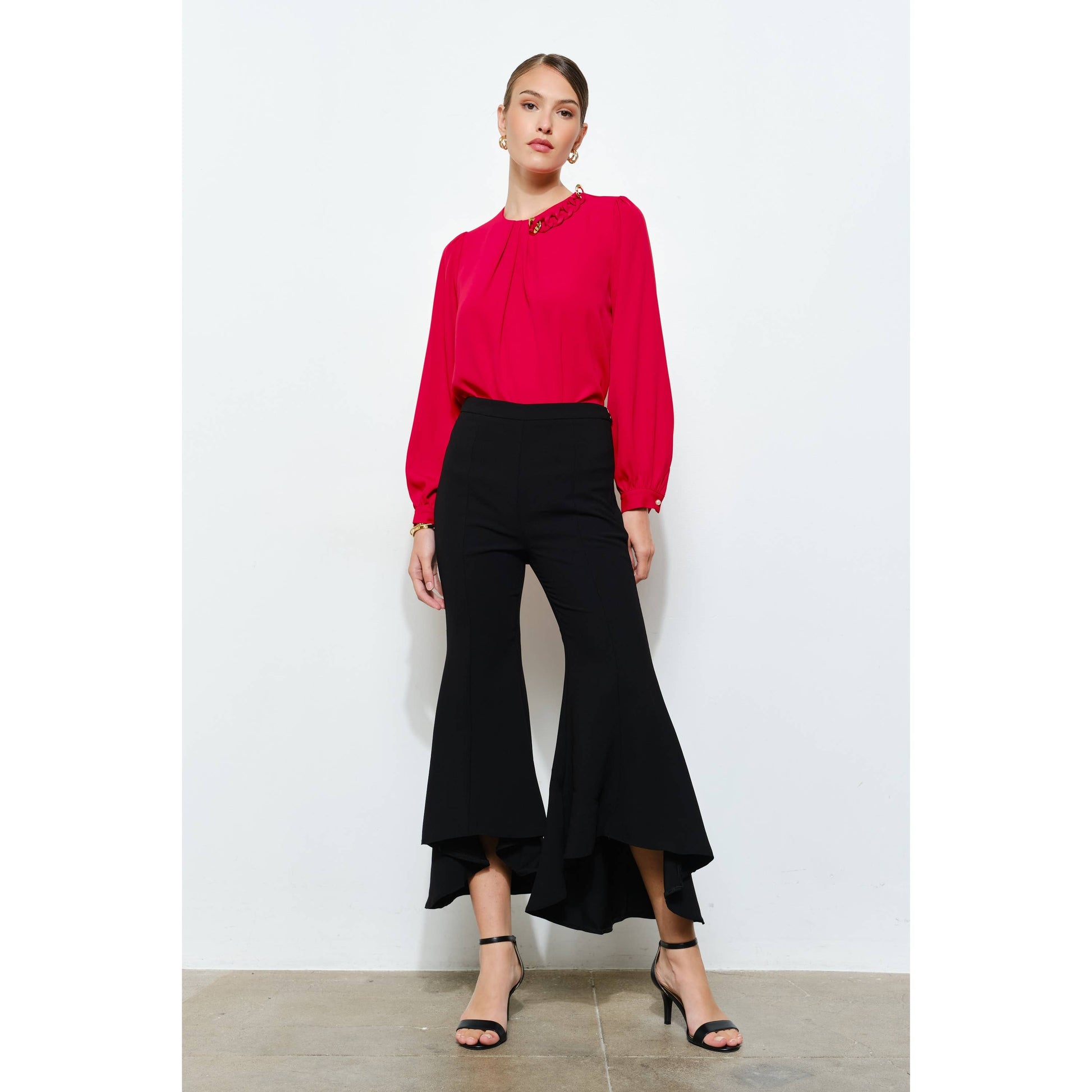 Draped Ruffle High-Low Flare Pants in Grey - Jaunts Boutique 