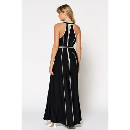 Lalavon Contrast Binding Detailed Wide Leg Jumpsuit in Black - White