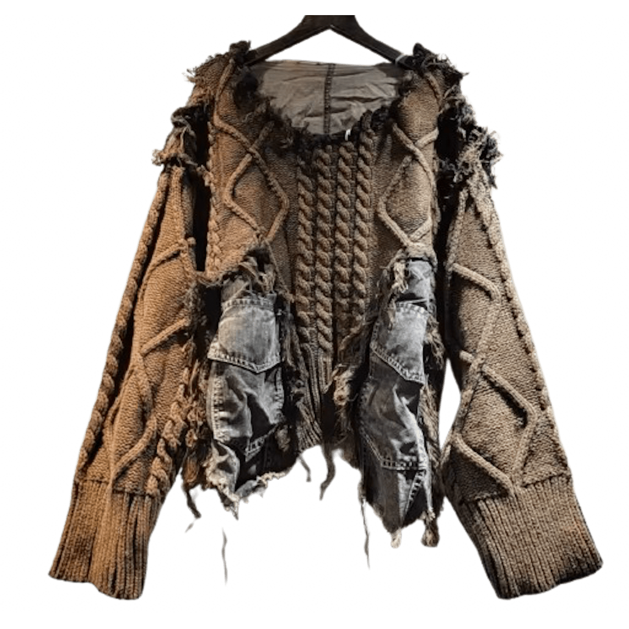 Distressed Multi-Textured Knit Pullover with Denim Panels - Luxe Collection - Jaunts Boutique 