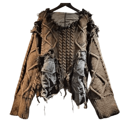 Distressed Multi-Textured Knit Pullover with Denim Panels - Luxe Collection - Jaunts Boutique 