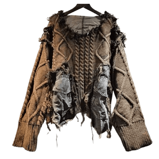 Distressed Multi-Textured Knit Pullover with Denim Panels - Luxe Collection - Jaunts Boutique 