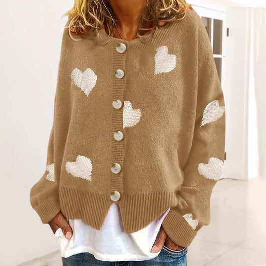 Kama Heart-shaped Embroidered Long Sleeve Knit Cardigan in Khaki