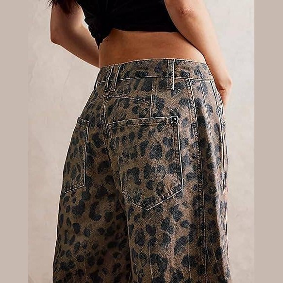Midi Rise Wide Leg Barrel Denim Pants in Leopard Print - Jaunts Boutique 
