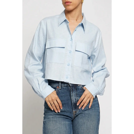 Sans Souci Long Sleeve Cropped Button Down Linen Shirt in Light Blue