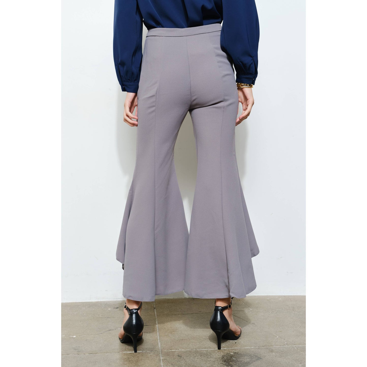 Draped Ruffle High-Low Flare Pants in Grey - Jaunts Boutique 