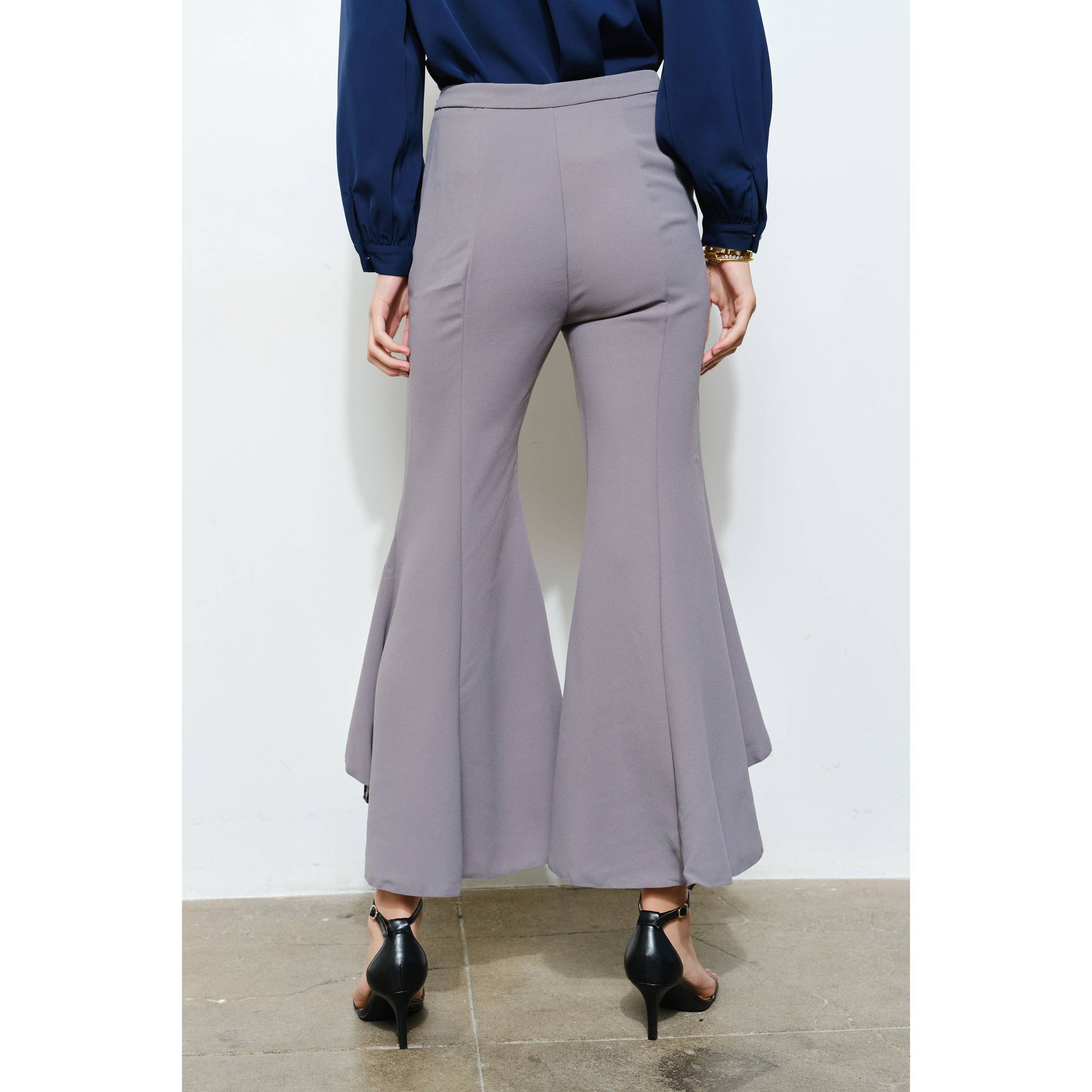 Draped Ruffle High-Low Flare Pants in Grey - Jaunts Boutique 
