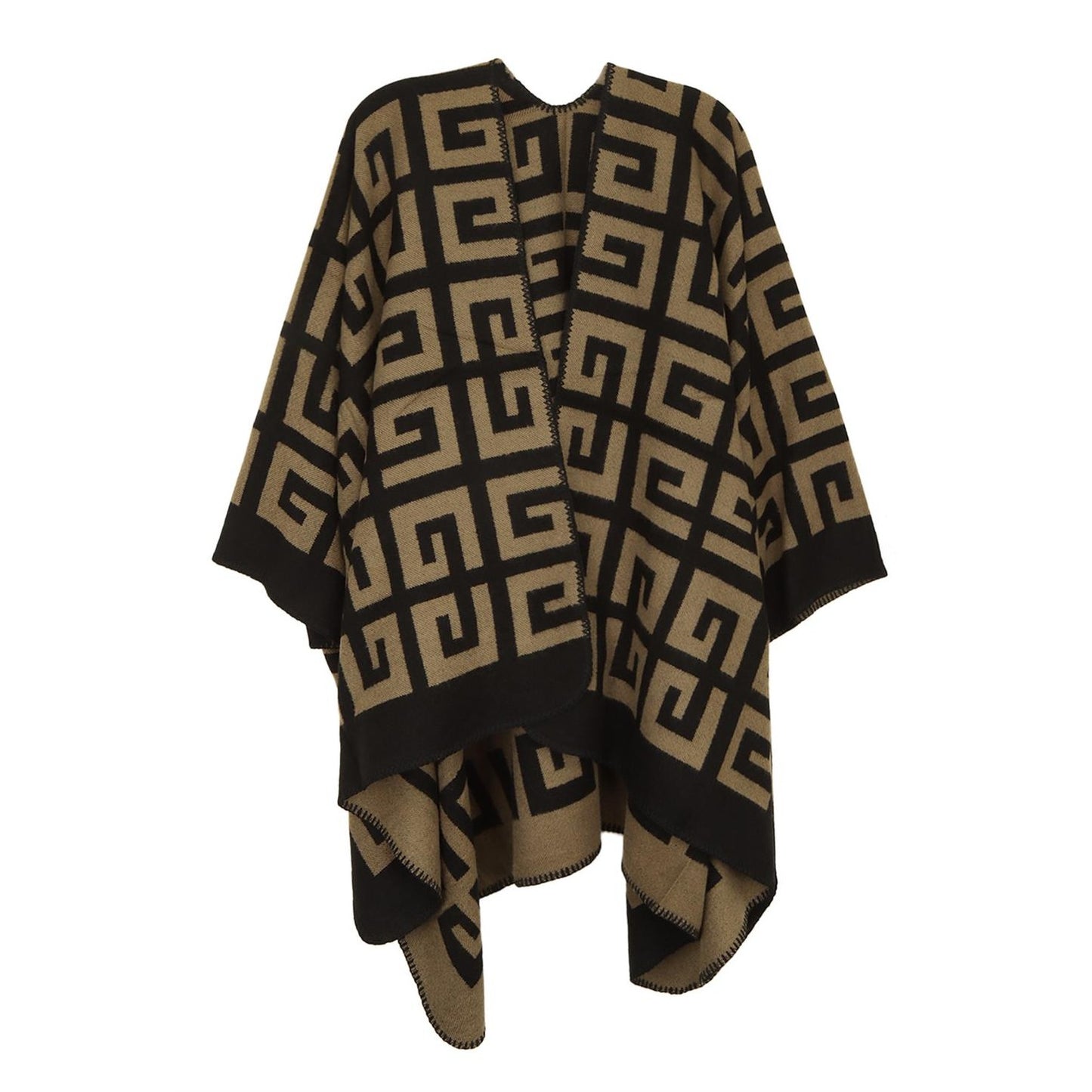 Greek Pattern Poncho – Black & Brown