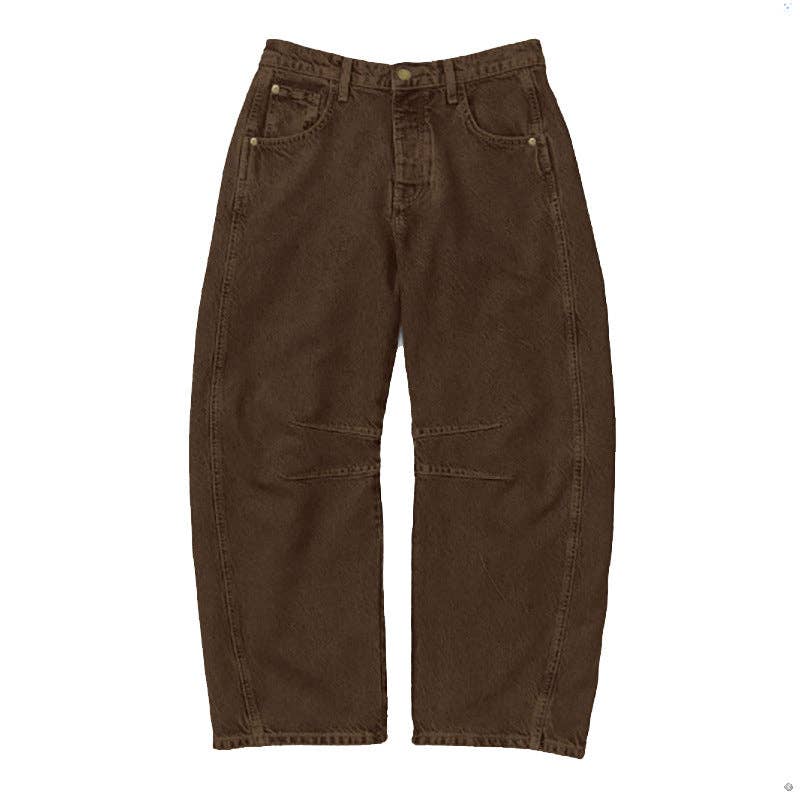 Washed Mid-Rise Loose Barrel Denim Pants  – Khaki & Brown - Jaunts Boutique 