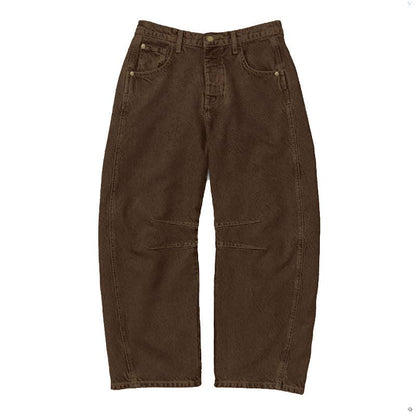 Washed Mid-Rise Loose Barrel Denim Pants  – Khaki & Brown - Jaunts Boutique 
