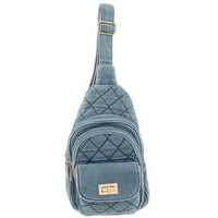 Cross Pattern Denim Sling Hand Bag in Light - Dark Denim