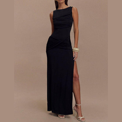 Draped Backless Maxi Dress in Black - Jaunts Boutique 