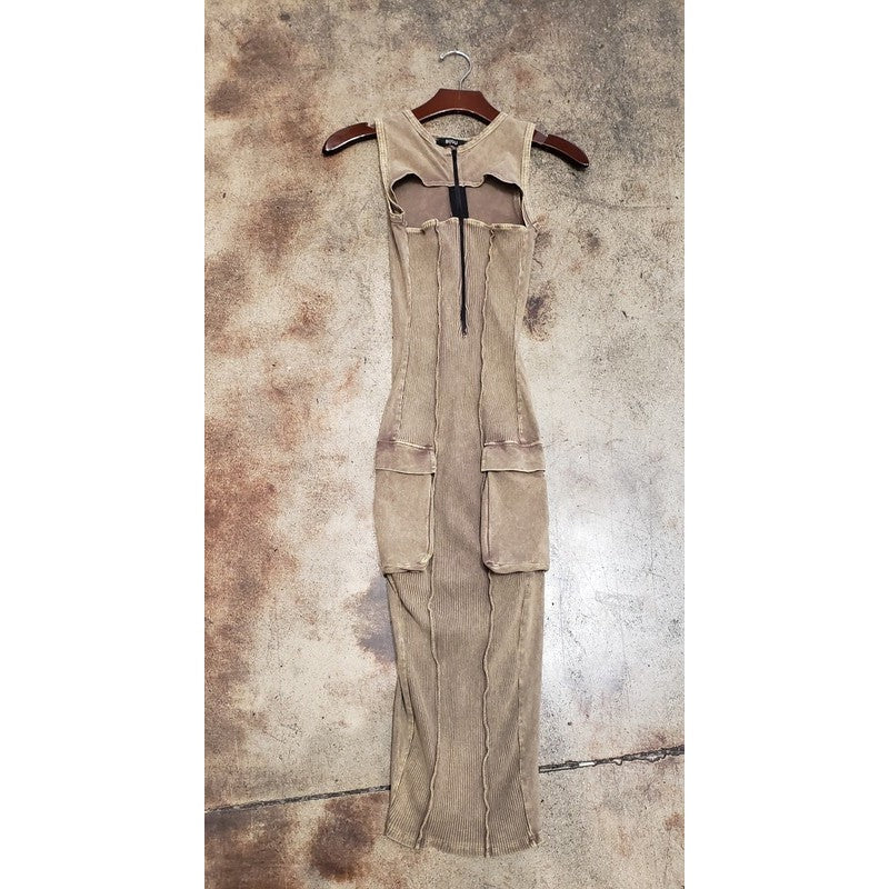 A Ellen Mineral Wash Zip Up Sleeveless Midi Dress in Bronze