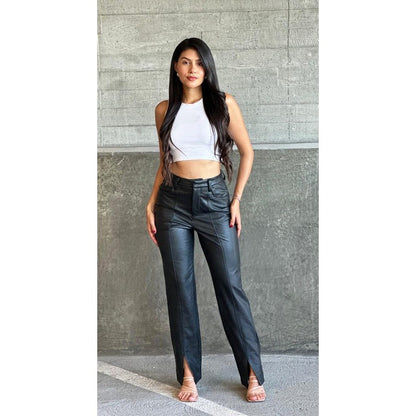 High Waist Vegan Leather Front Slit Pants in Black