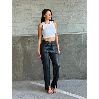 High Waist Vegan Leather Front Slit Pants in Black