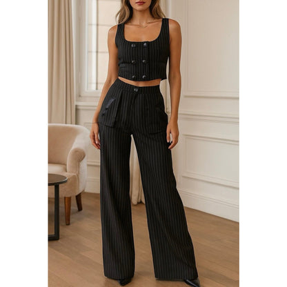 Pinstripe High-Waisted Wide-Leg Trouser Pants and Double Breasted Vest - Sold Separate