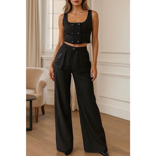Pinstripe High-Waisted Wide-Leg Trouser Pants and Double Breasted Vest - Sold Separate