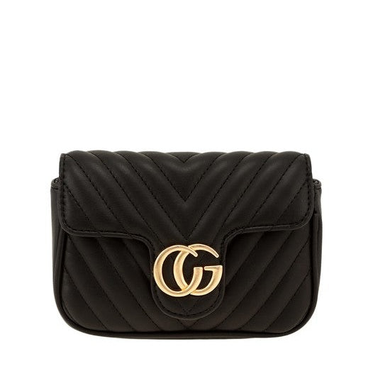 Chevron Quilted CG Buckle Crossbody Bag – Faux Leather in Black