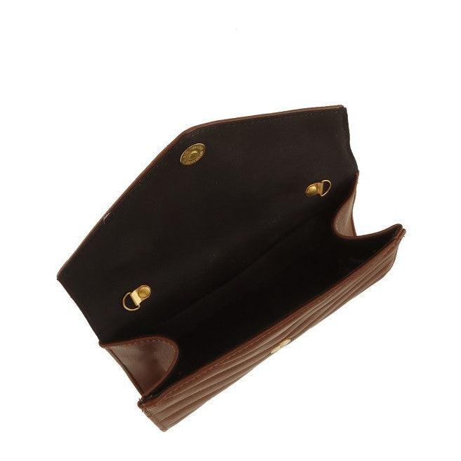 Metal Letter Engraved Chevron Quilted Handbag in Brown & Black