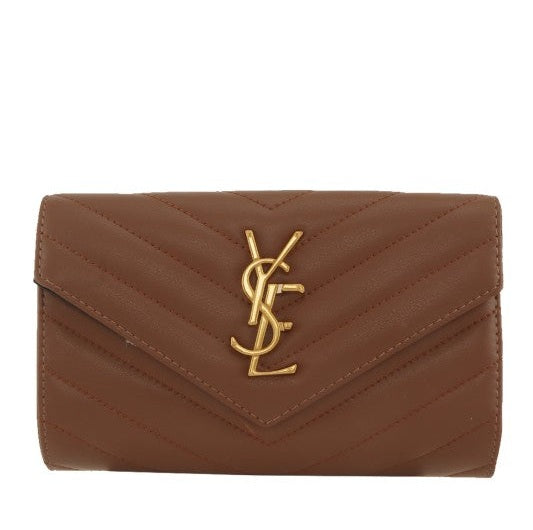 Metal Letter Engraved Chevron Quilted Handbag in Brown & Black