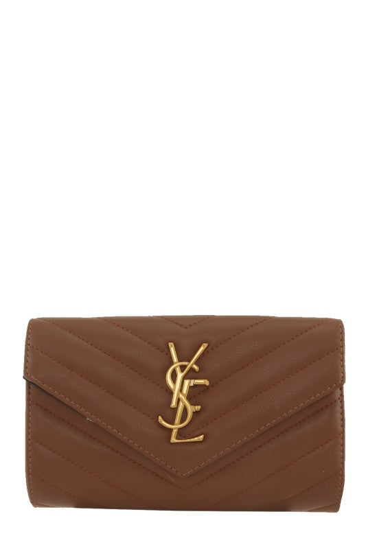 Metal Letter Engraved Chevron Quilted Handbag in Brown & Black