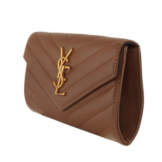 Metal Letter Engraved Chevron Quilted Handbag in Brown & Black