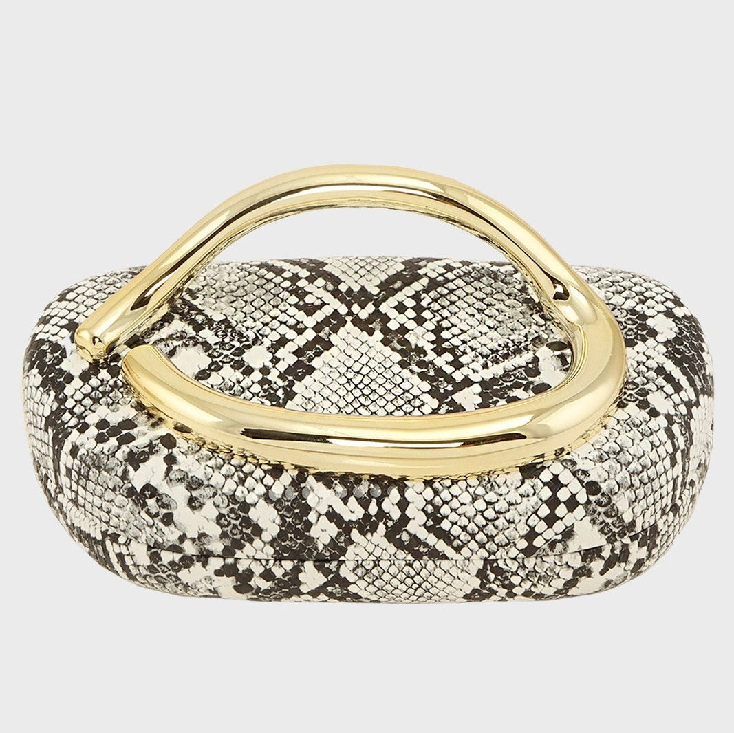Compact Clutch Bag with Oversized Gold Handle in Snakeskin & Black