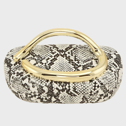 Compact Clutch Bag with Oversized Gold Handle in Snakeskin & Black