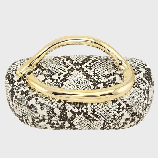 Compact Clutch Bag with Oversized Gold Handle in Snakeskin & Black