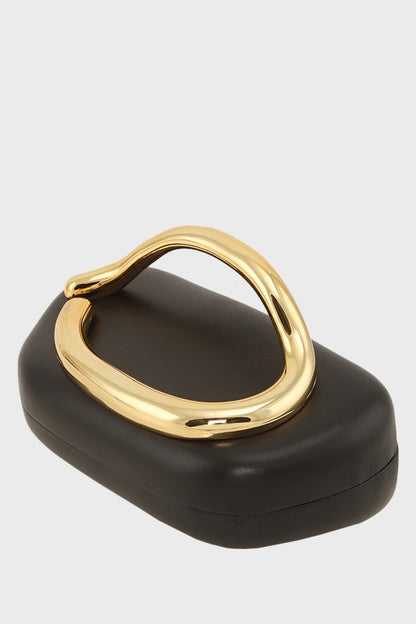 Compact Clutch Bag with Oversized Gold Handle in Snakeskin & Black